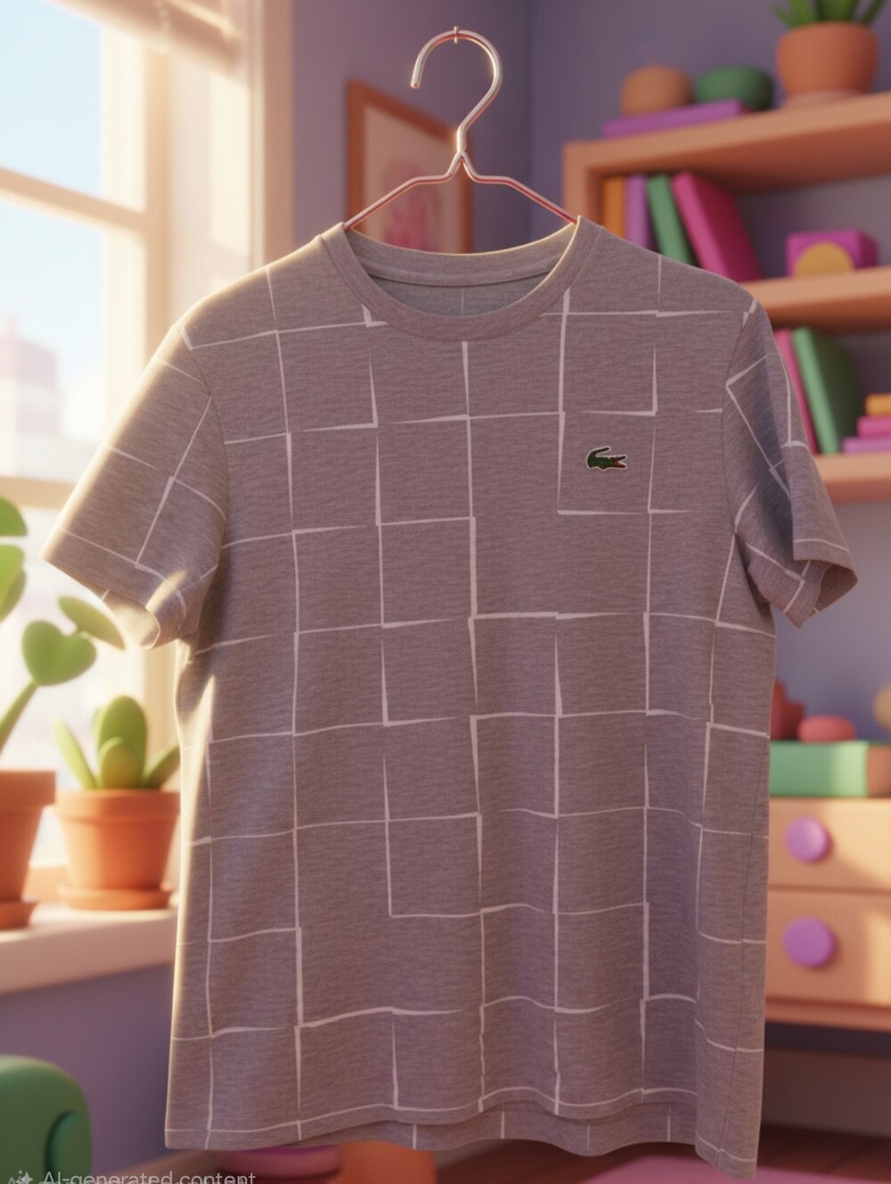 Lacoste Light Gray Grid Crewneck with Green Crocodile Logo